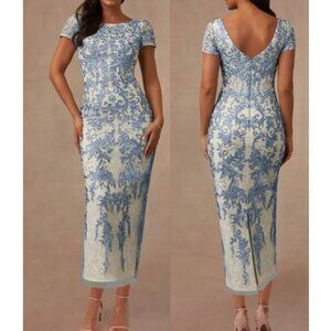 Azazie Women's Ballerina Midi Dress Alyssum Chanktilly Lace Party Dusty Blue S10